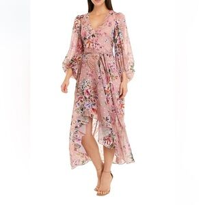 Eliza J High Low Floral Wedding Guest Dress Women’s Size 6 Pink‎ Chiffon Foil